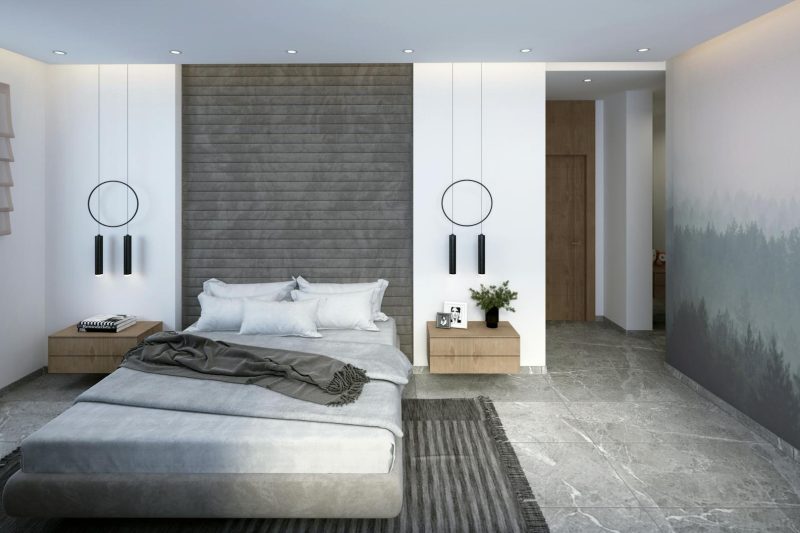 Explore a sleek and minimalist bedroom interior with stylish furniture and muted tones